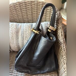 Jimmy Choo saba Black Leather Shoulder Bag with Gold Accents